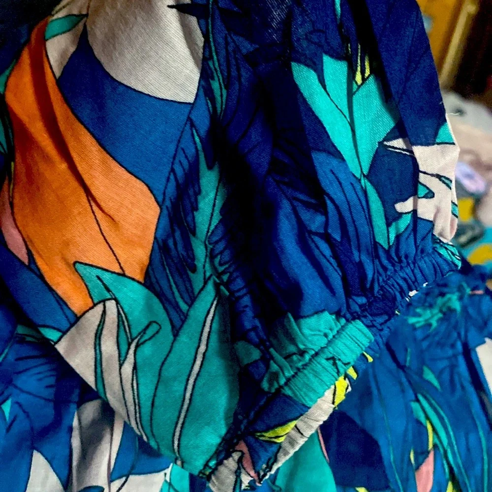 Tori Richard Blue and White Casual Tiered Sundress with Flutter Sleeves size S